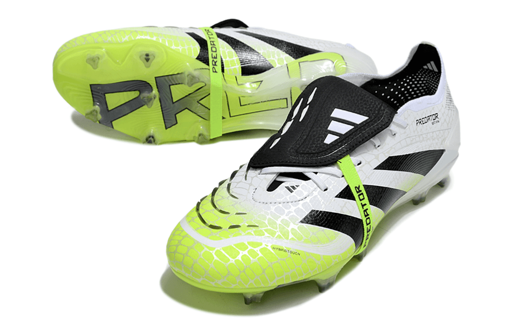 Chuteira Adidas Predator Elite Fold-Over Tongue FG - Branca, Verde e Preta em close-up, destacando design e cores.