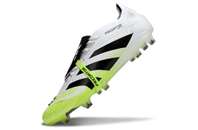 Chuteira Adidas Predator Elite Fold-Over Tongue FG - Branca, Verde e Preta em ângulo com detalhes em preto e amarelo.