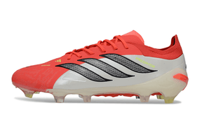 Chuteira Adidas Predator Elite FG 26 - "Finishers Steel" - Vermelha e Branca em vista lateral mostrando design moderno.