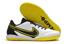 Chuteira Futsal Nike Tiempo Legend 9 Elite IC com solado amarelo e design moderno.