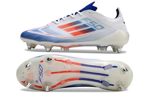 Chuteira Adidas F50 SG Branca, Azul e Vermelho