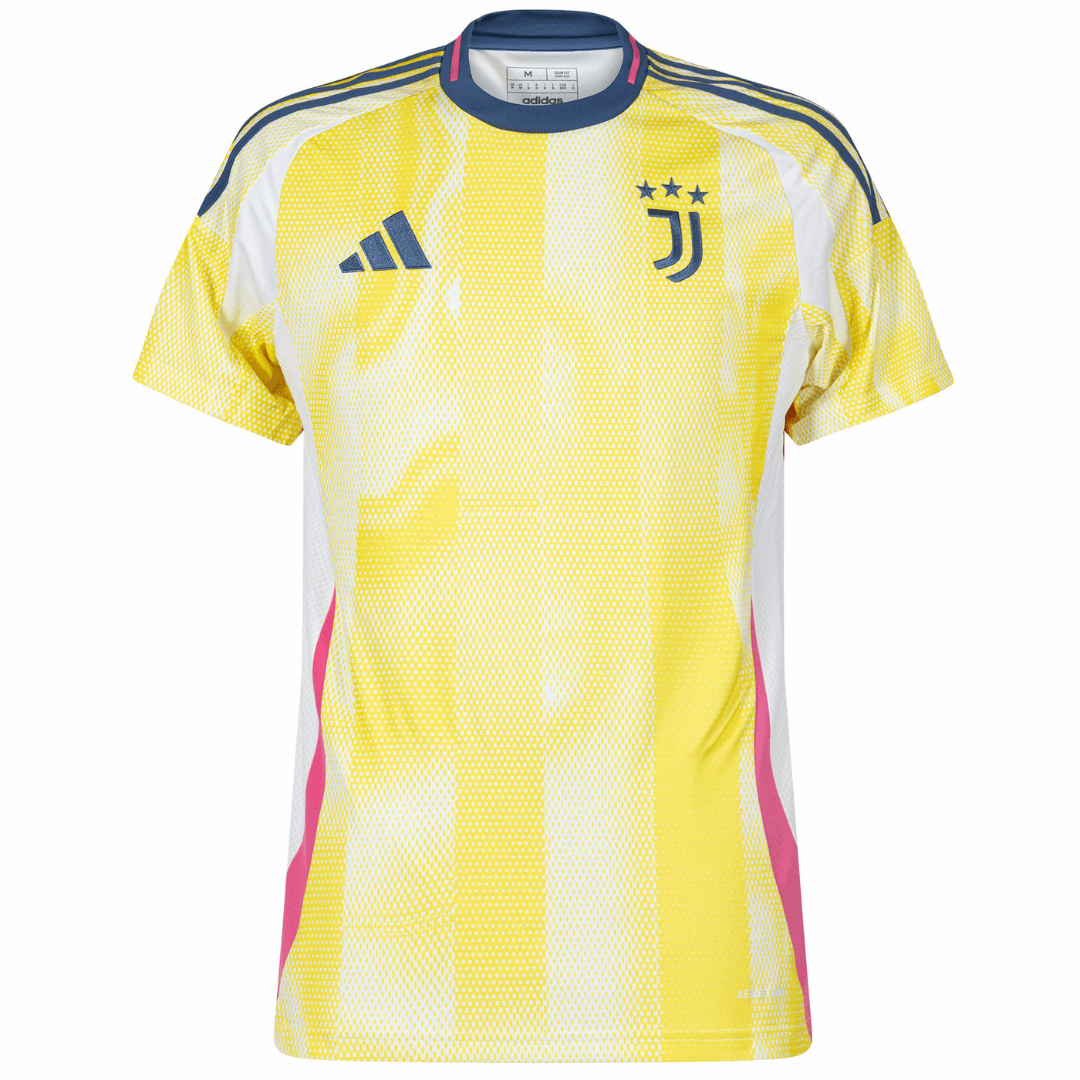 Camisolas Juventus away 24/25 amarelo, jersey oficial da Juventus, design moderno e colorido.