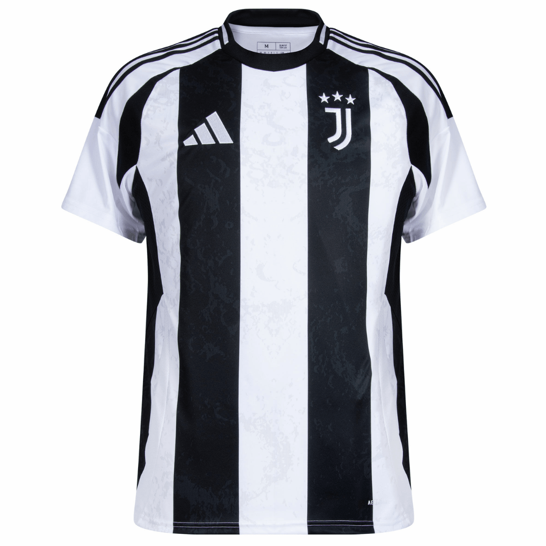 Camisolas Juventus home 24/25, camiseta oficial da Juventus em preto e branco com detalhes Adidas.