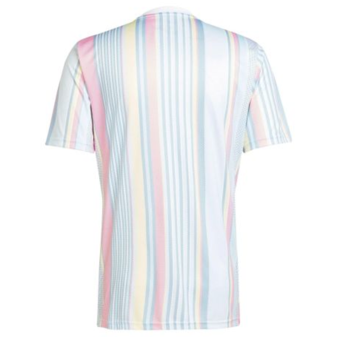 Camisolas Juventus Pré-jogo 25/26, parte de trás com linhas coloridas em tons pastel.