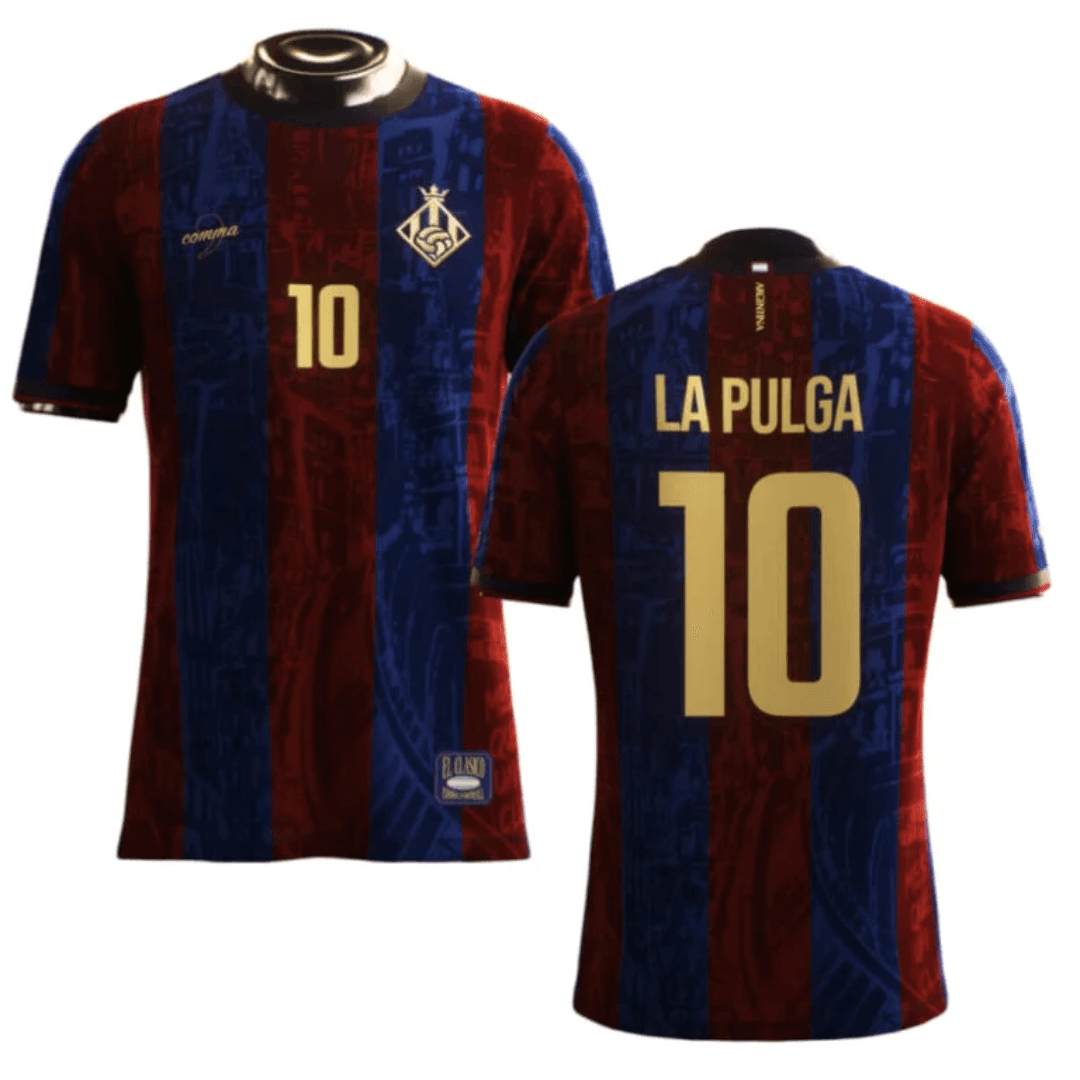 Camisa Lendas do Barcelona "La Pulga 10" 24/25, frente e verso, em cores azul e grená.