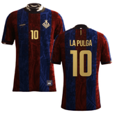 Camisa Lendas do Barcelona "La Pulga 10" 24/25, frente e verso, em cores azul e grená.