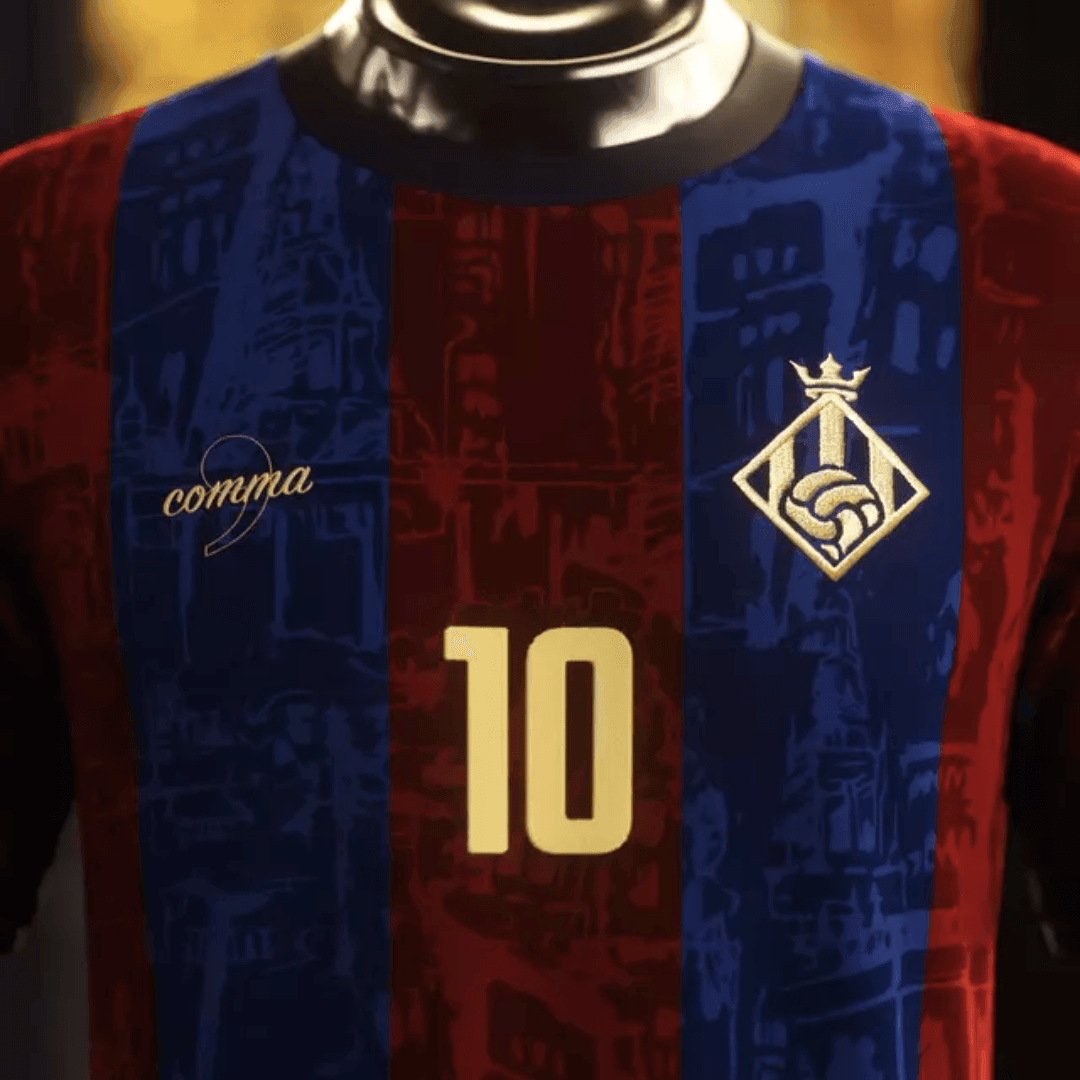Camiseta Lendas do Barcelona "La Pulga 10" 24/25 com detalhes em vermelho e azul, número 10 em destaque.