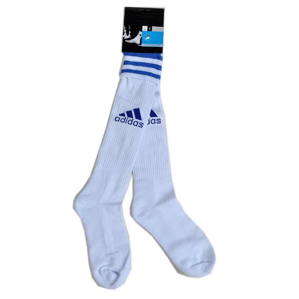 Meias Compridas Futebol Adidas brancas com detalhes azuis e etiqueta