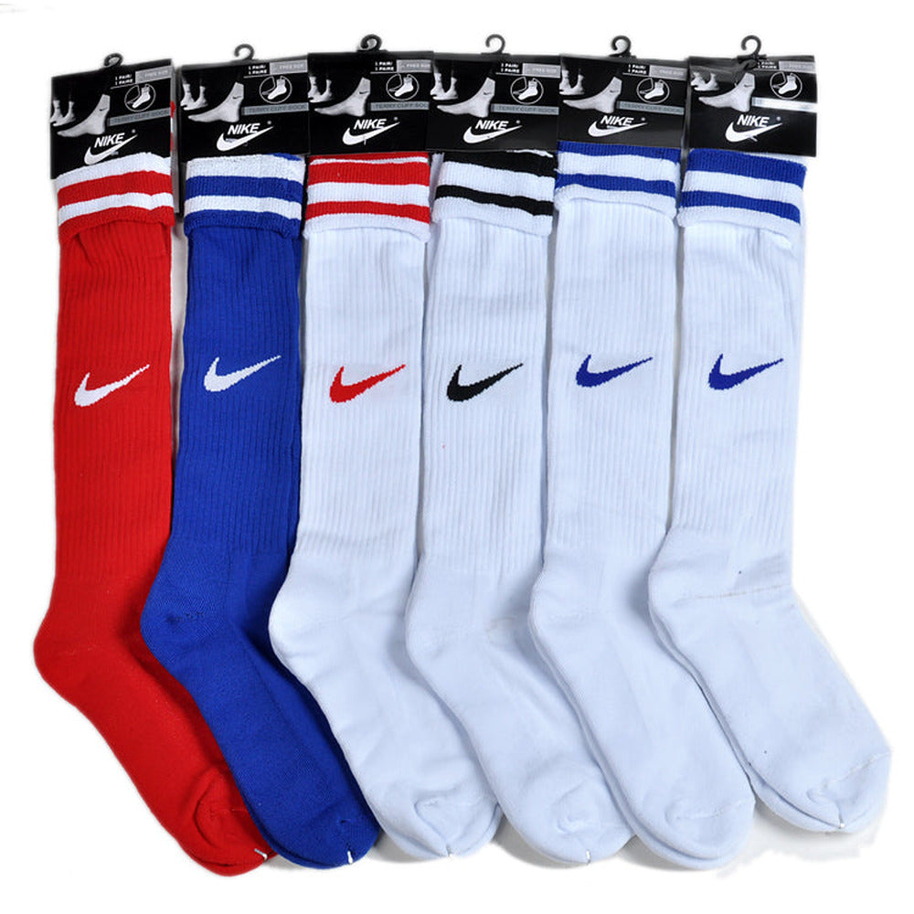 Meias Compridas Futebol Nike em várias cores, incluindo vermelho, azul e branco, com logotipo Nike.