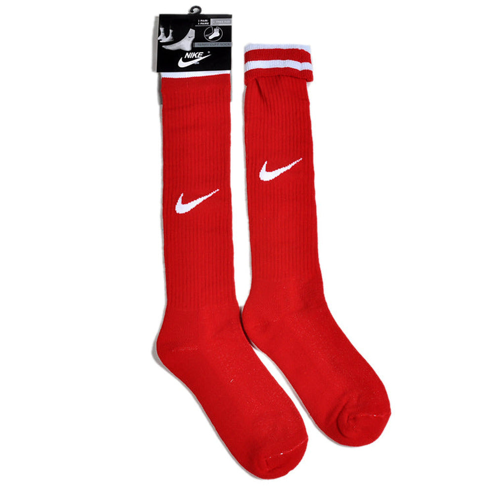 Meias Compridas Futebol Nike em vermelho com detalhe em branco, perfeitas para conforto e performance no campo.