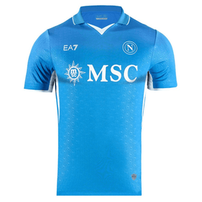 Camisolas Napoli home 24/25 na cor azul com logotipo MSC e detalhes em branco.