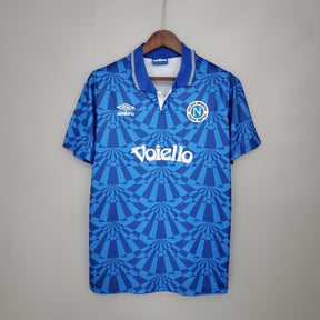 Camisolas Napoli Home 91/92 Retro, camiseta de futebol azul com detalhe em design gráfico.