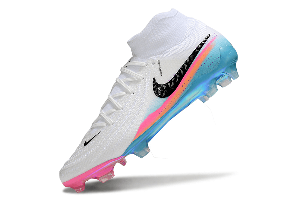 Nike Phantom Luna Elite FG - Branca, Rosa, Laranja e Azul com design elegante e tecnologia avançada para futebol.