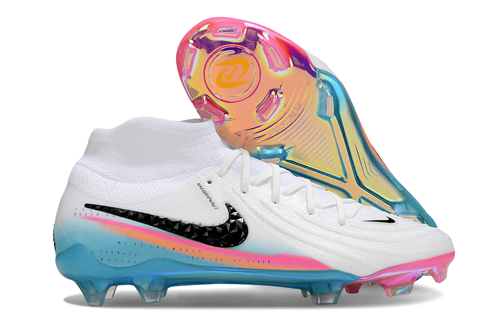 Nike Phantom Luna Elite FG - Branca, Rosa, Laranja e Azul, chuteira de futebol com tecnologia de toque superior.