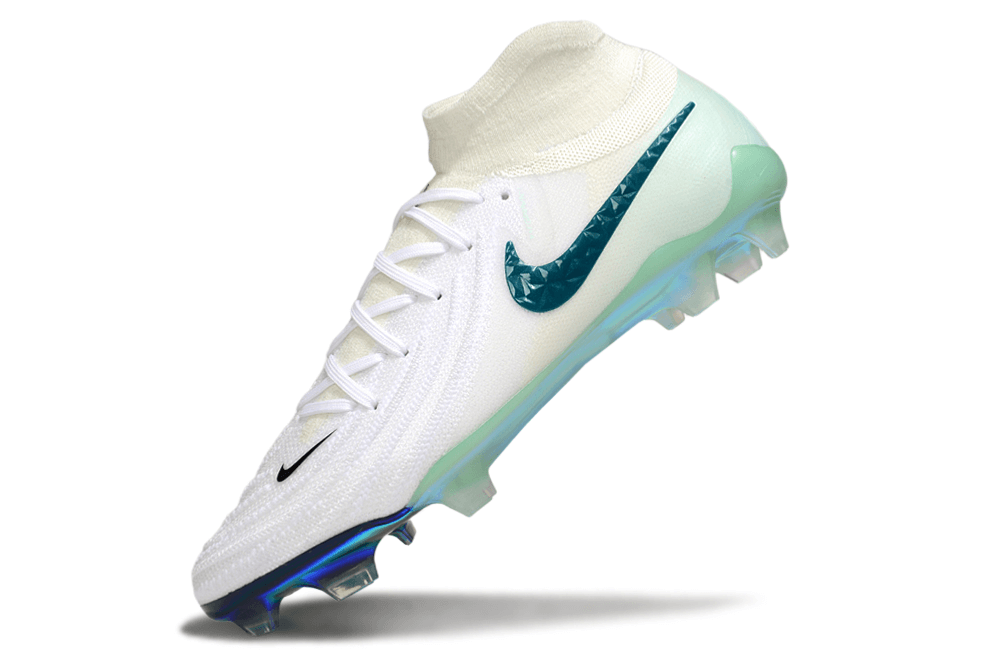 Nike Phantom Luna Elite NU FG Branca e Verde - chuteira de futebol com design inovador e toque superior na bola.