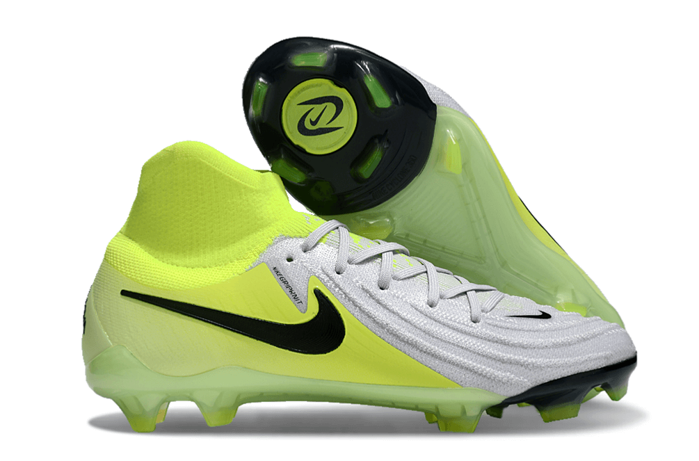 Nike Phantom Luna Elite NU FG Verde e Cinza, chuteiras de futebol em design moderno com tecnologia avançada.