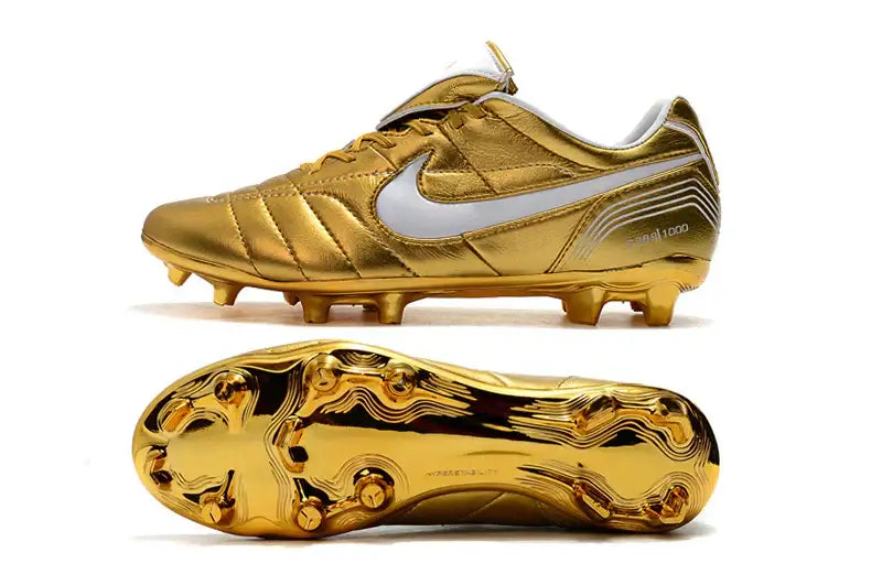 Nike Tiempo Legend 7 R10 FG Dourado e Branco - Chuteira de futebol em dourado e branco.