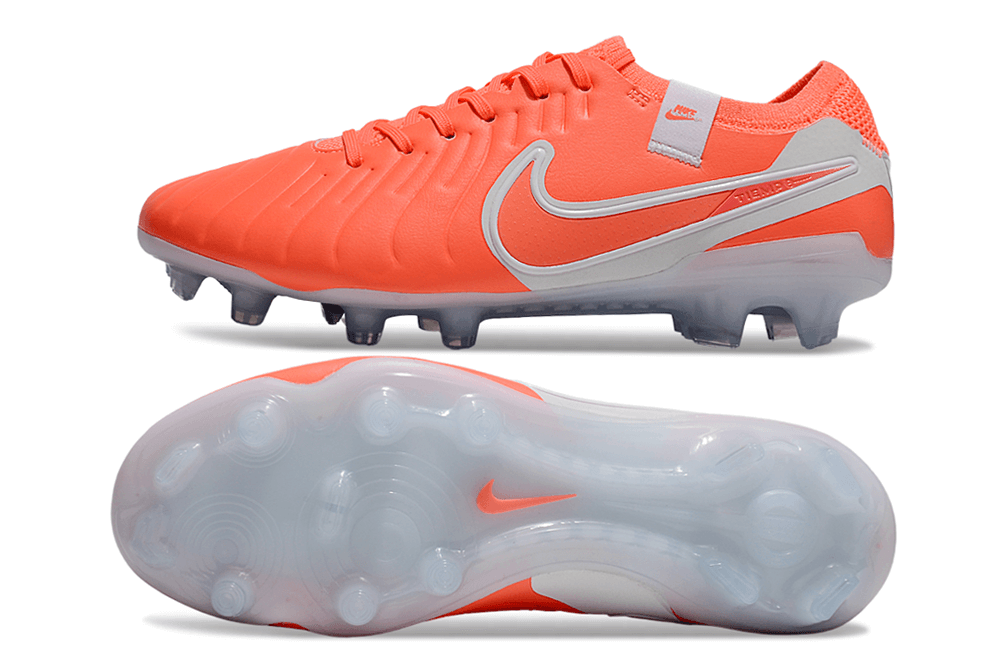 Nike Tiempo Legend 10 FG - Laranja e Branca - Pack Mad Energy, chuteiras vibrantes para controle e estilo em campo.