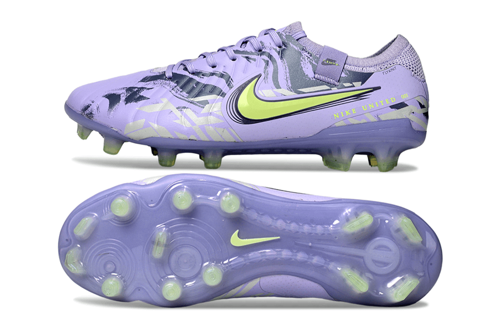 Nike Tiempo Legend 10 FG - Roxa e Verde - Pack United com design roxo e verde, ideal para desempenho em campos naturais.