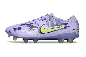 Nike Tiempo Legend 10 FG - Roxa e Verde - Pack United em vista lateral, destacando design e cores vibrantes.