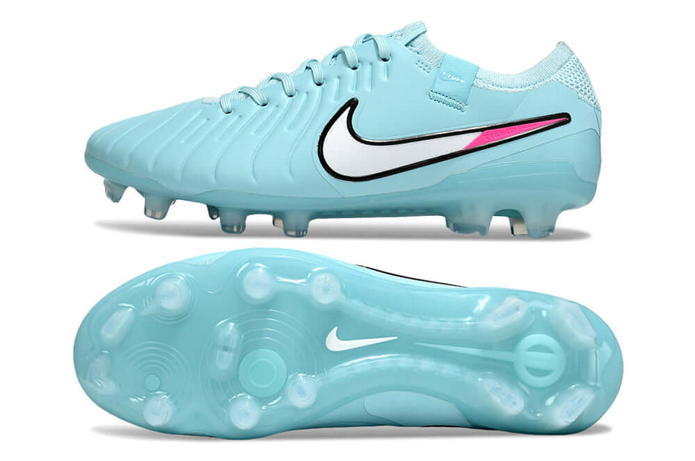 Nike Tiempo Legend 10 X Elite FG -  Azul, Rosa e Branca - Pack Prism - visualização frontal e inferior dos chuteiras.