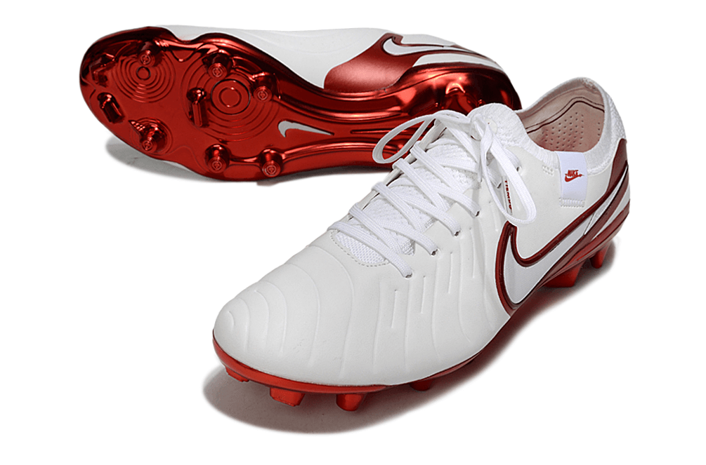 Nike Tiempo Legend X Elite FG Branca e Vermelha "Chromatic Pack" com design premium e tecnologia de ponta.