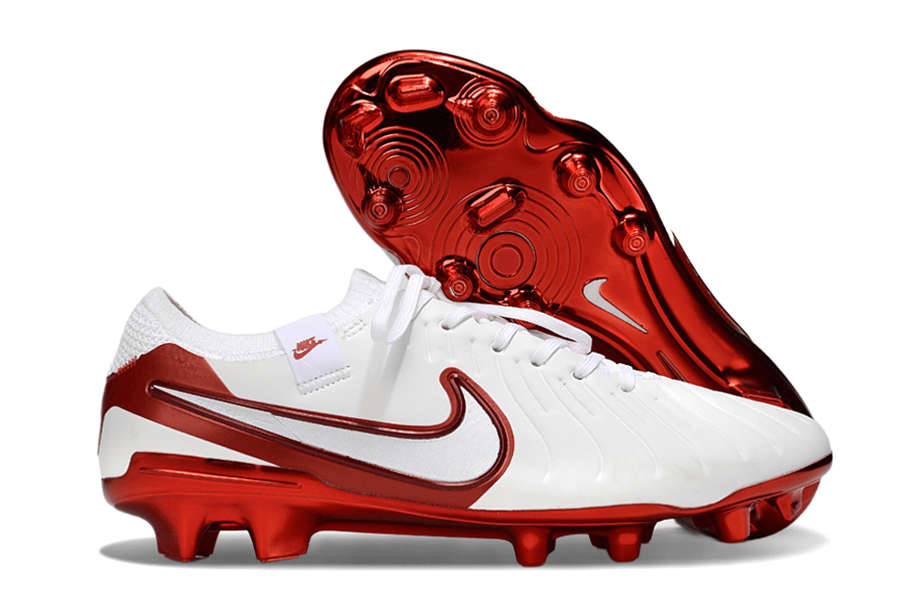 Nike Tiempo Legend X Elite FG Branca e Vermelha "Chromatic Pack" em fundo branco com detalhes vermelhos.