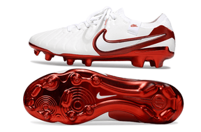Nike Tiempo Legend X Elite FG Branca e Vermelha "Chromatic Pack" - botins de futebol com design clássico e moderno.