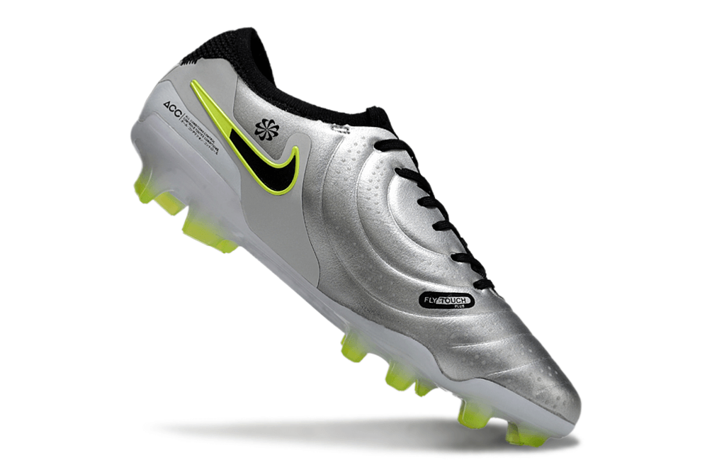 Nike Tiempo Legend X Elite FG - Prata e verde "Mad Voltage Pack" em design inovador com tecnologia avançada.