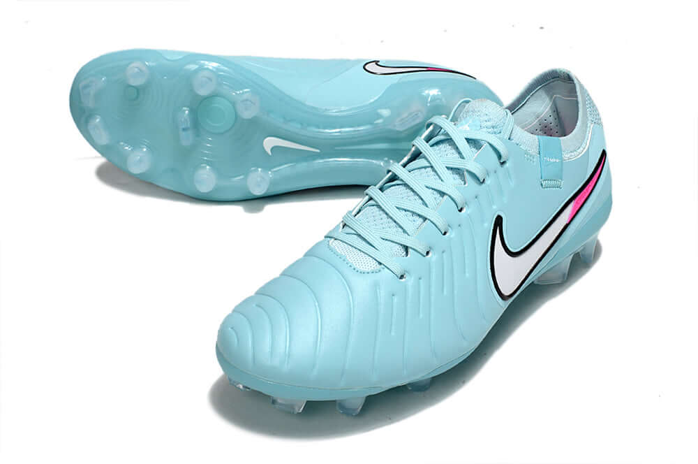 Nike Tiempo Legend 10 X Elite FG -  Azul, Rosa e Branca - Pack Prism em destaque, com design moderno e tecnologia de aderência.