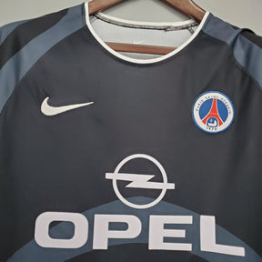 Camisa PSG Away 01/02 Retro Azul Olympic com detalhes em preto e logo da Nike.