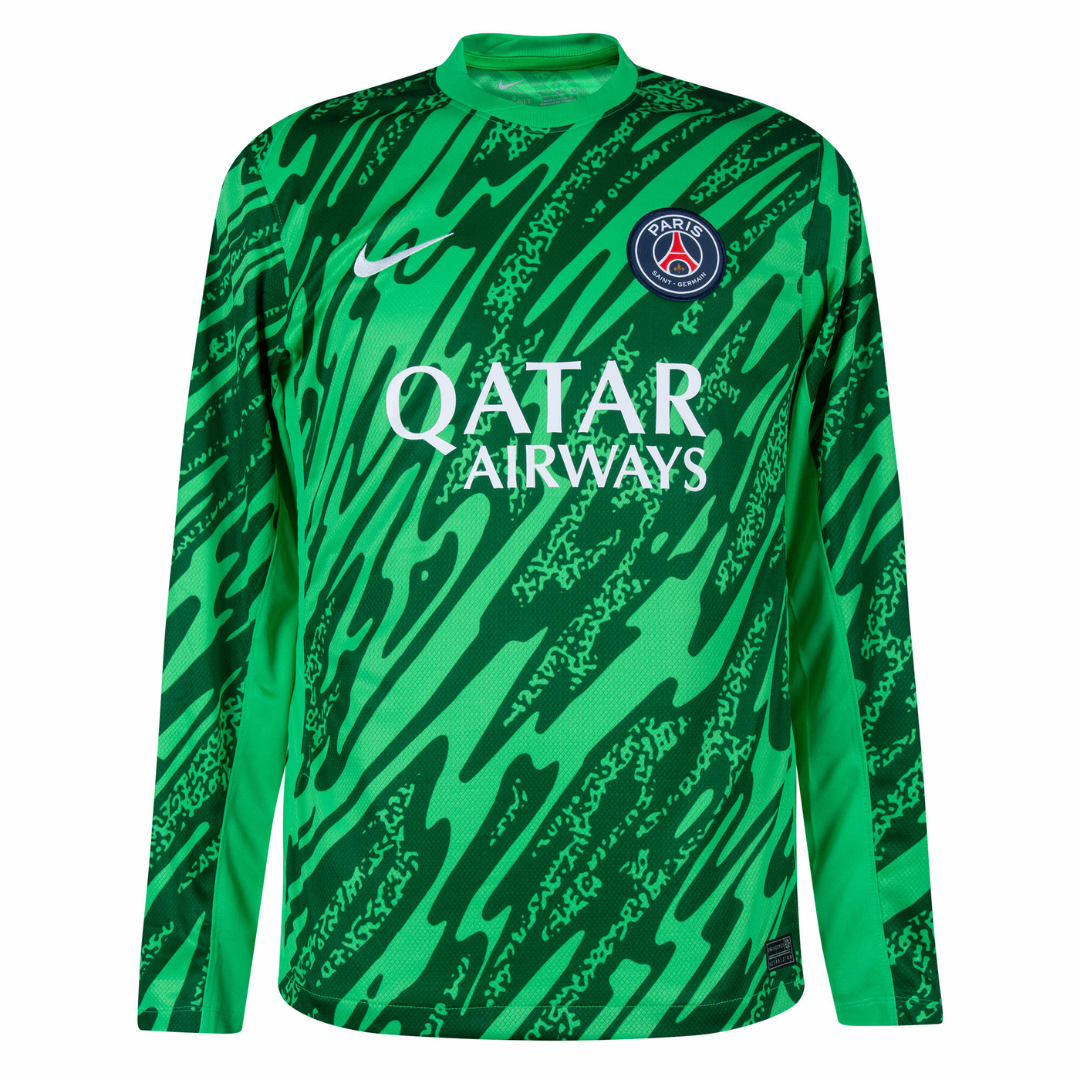 Camisa PSG GK 24/25 Manga Longa Verde com design moderno e logo Qatar Airways.