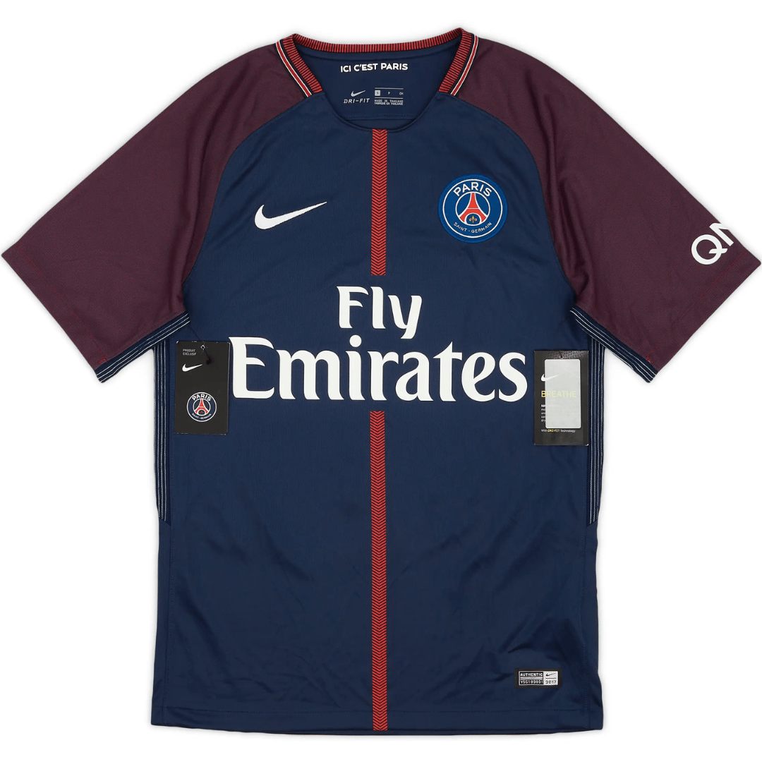 Camisola PSG home 17/18 retro, modelo Neymar JR #10, com detalhes em vermelho e azul marinho, logo Nike e Fly Emirates.