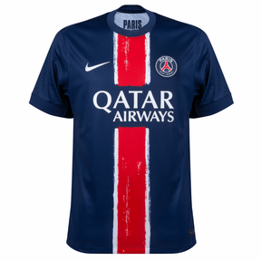 Camisa PSG Home 24/25 azul com logo Qatar Airways, disponível na Olympic Store.