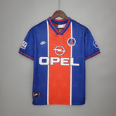 Camisola PSG Home 95/96 Retro Azul e Vermelho com logotipo Opel e detalhes Nike